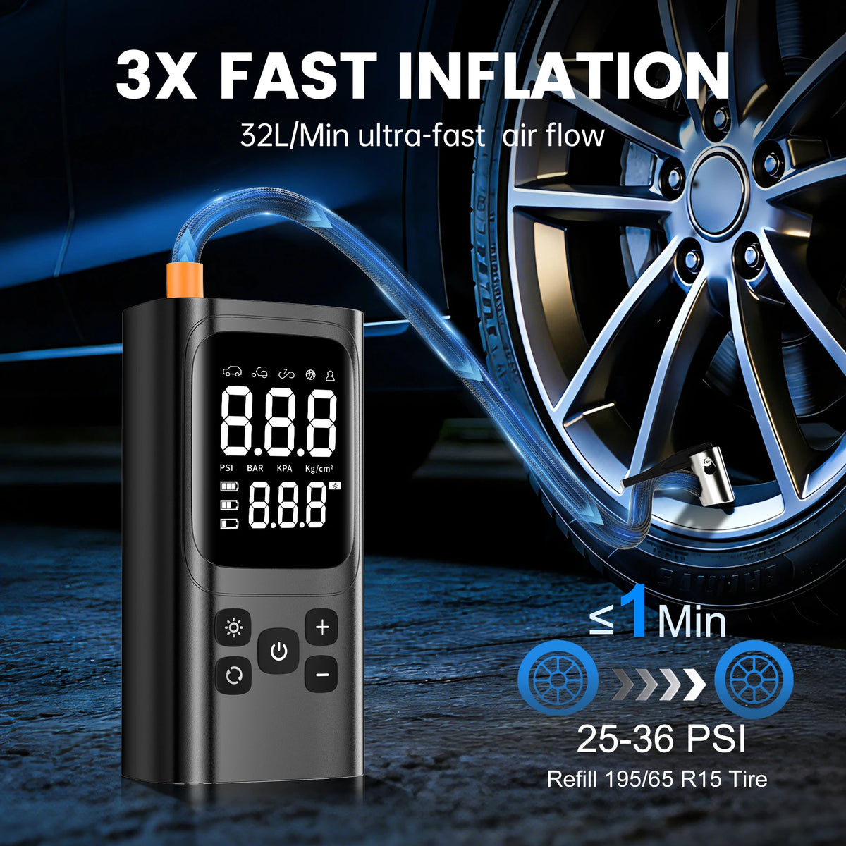 Schwarzer tragbarer elektrischer Reifenpumpe neben einem Auto-Rad, der 3-fache schnelle Aufblasfähigkeit demonstriert.