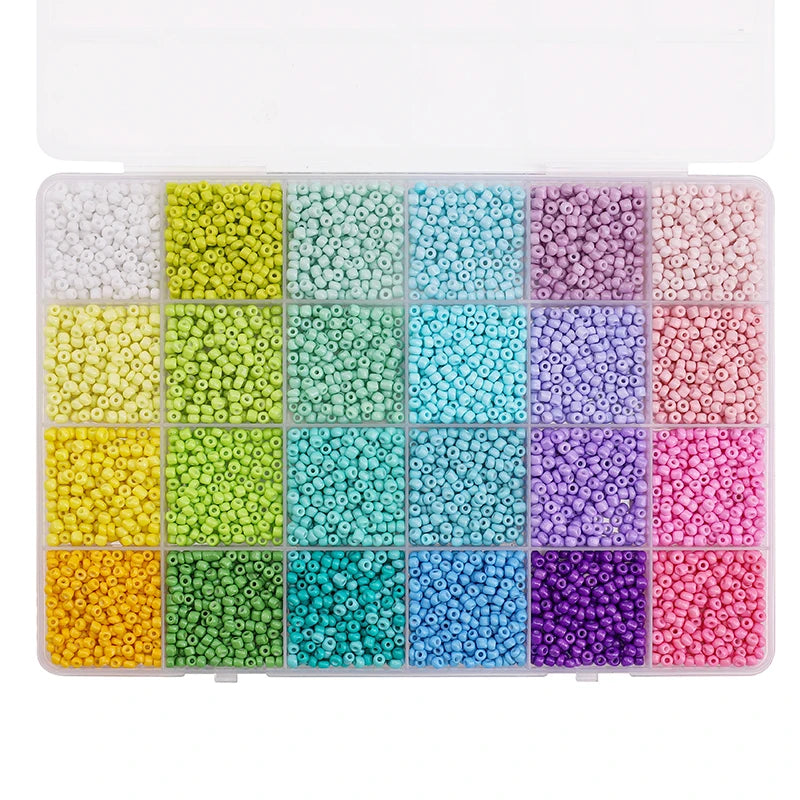 A storage box filled with various colors of 3mm acrylic rice beads arranged in a grid.