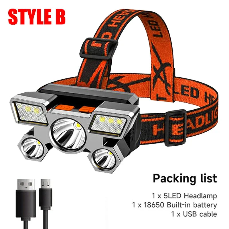 Orange and black adjustable strap headlamp with 5 LED flashlight and USB cable included