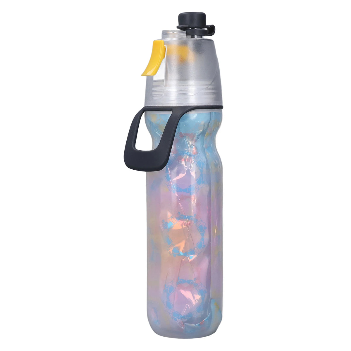 A clear water bottle with a black cap and a flexible yellow spout, featuring iridescent purple and blue coloring.