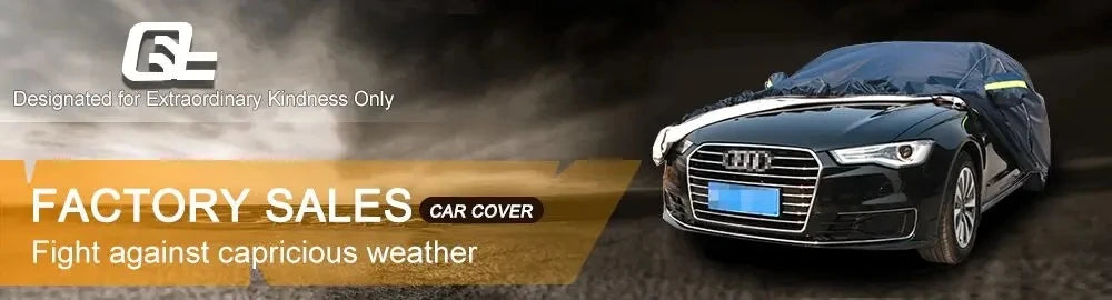 A black Audi car is shown with a factory sales tag and a car cover in the foreground.