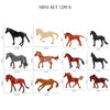 A mini set of 12 realistic animal figurines including horses in various colors and shades.