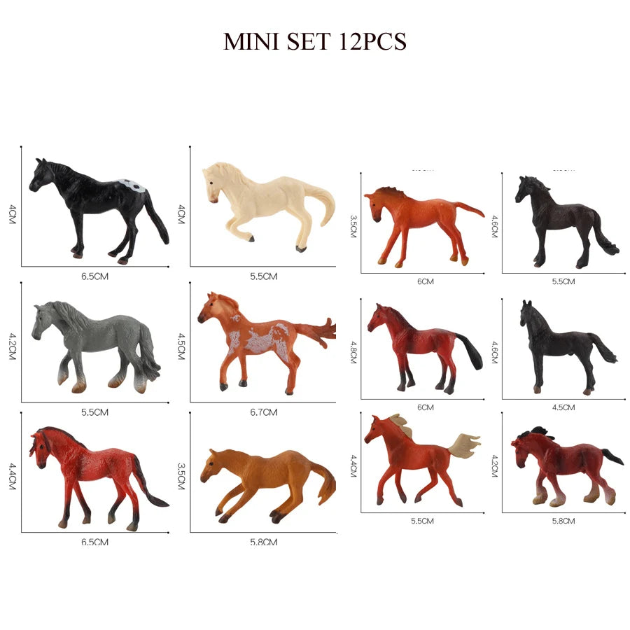 A mini set of 12 realistic animal figurines including horses in various colors and shades.