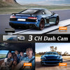 A blue sports car is shown in a driving context with various dash cam models displayed.