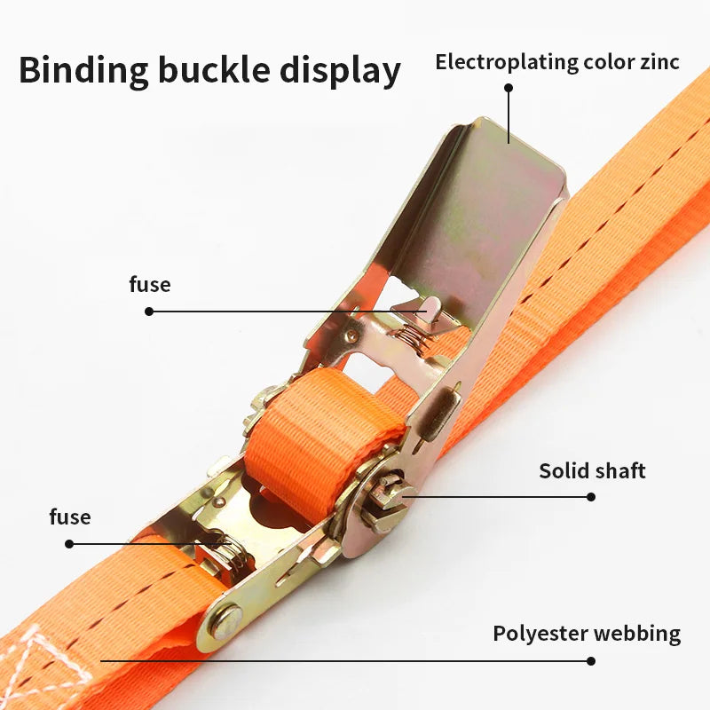 Close-up view of an orange heavy-duty ratchet tie-down strap with a metal binding buckle display and solid shaft.