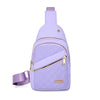 A light purple quilted crossbody sling bag with a zipper and strap.