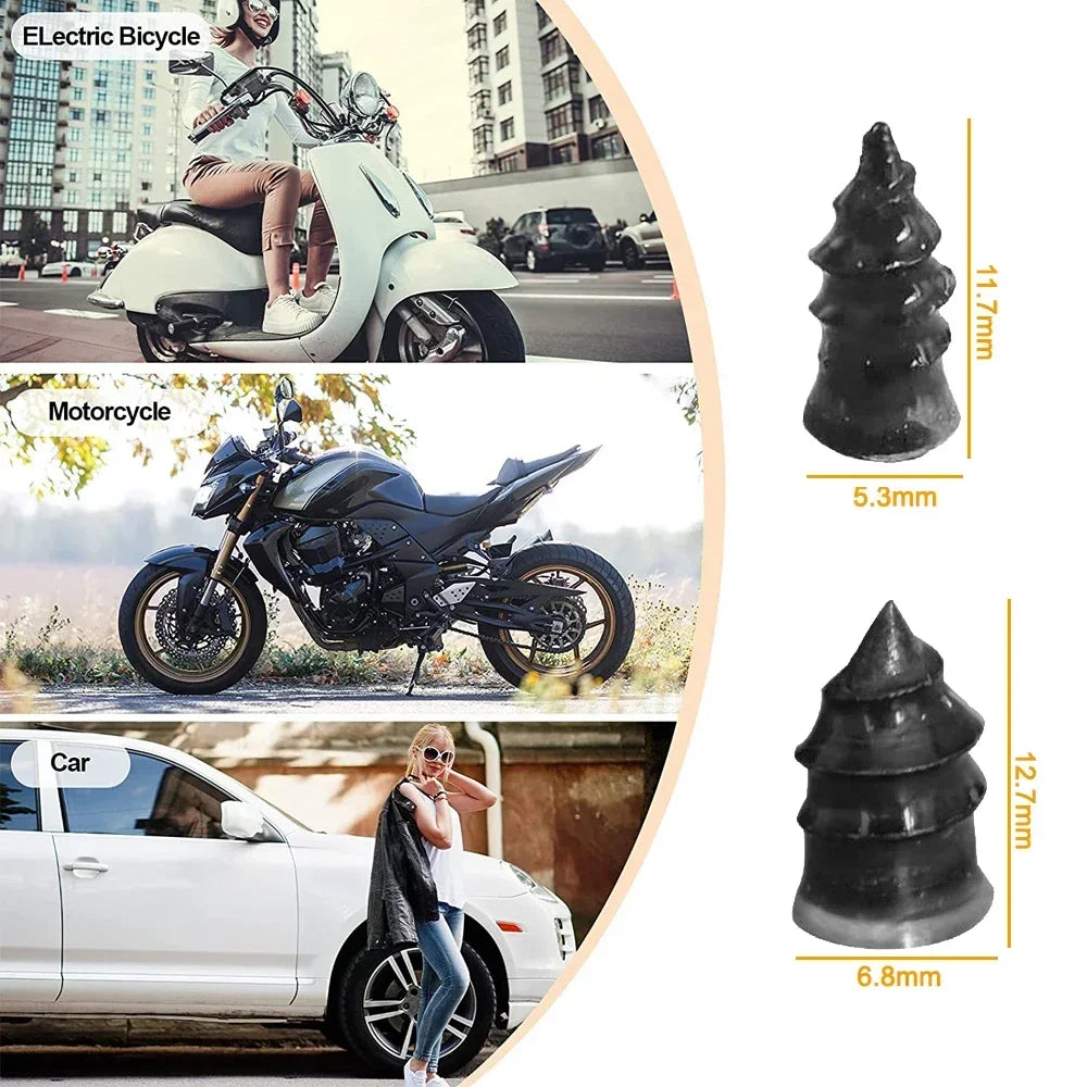 A set of universal tire repair nails for cars, motorcycles, and bicycles shown alongside various vehicle types.