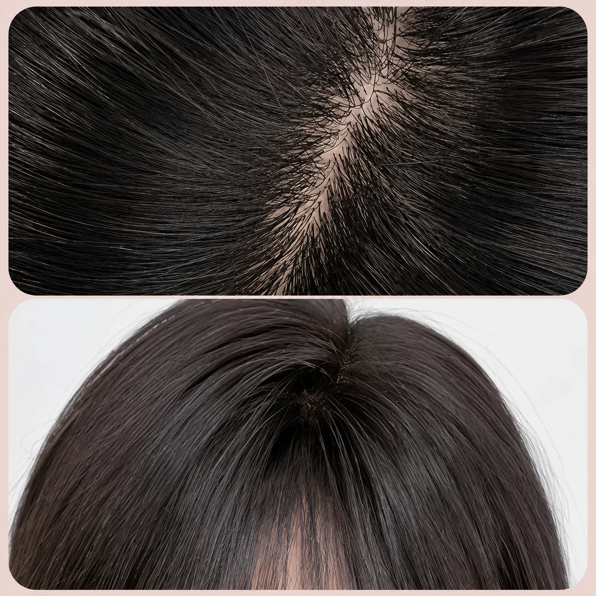Primer plano de cabello oscuro mostrando apariencia natural del cuero cabelludo y textura suave.