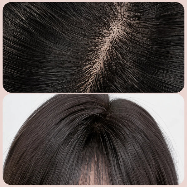 Close-up of dark hair showing a natural scalp appearance and smooth texture.
