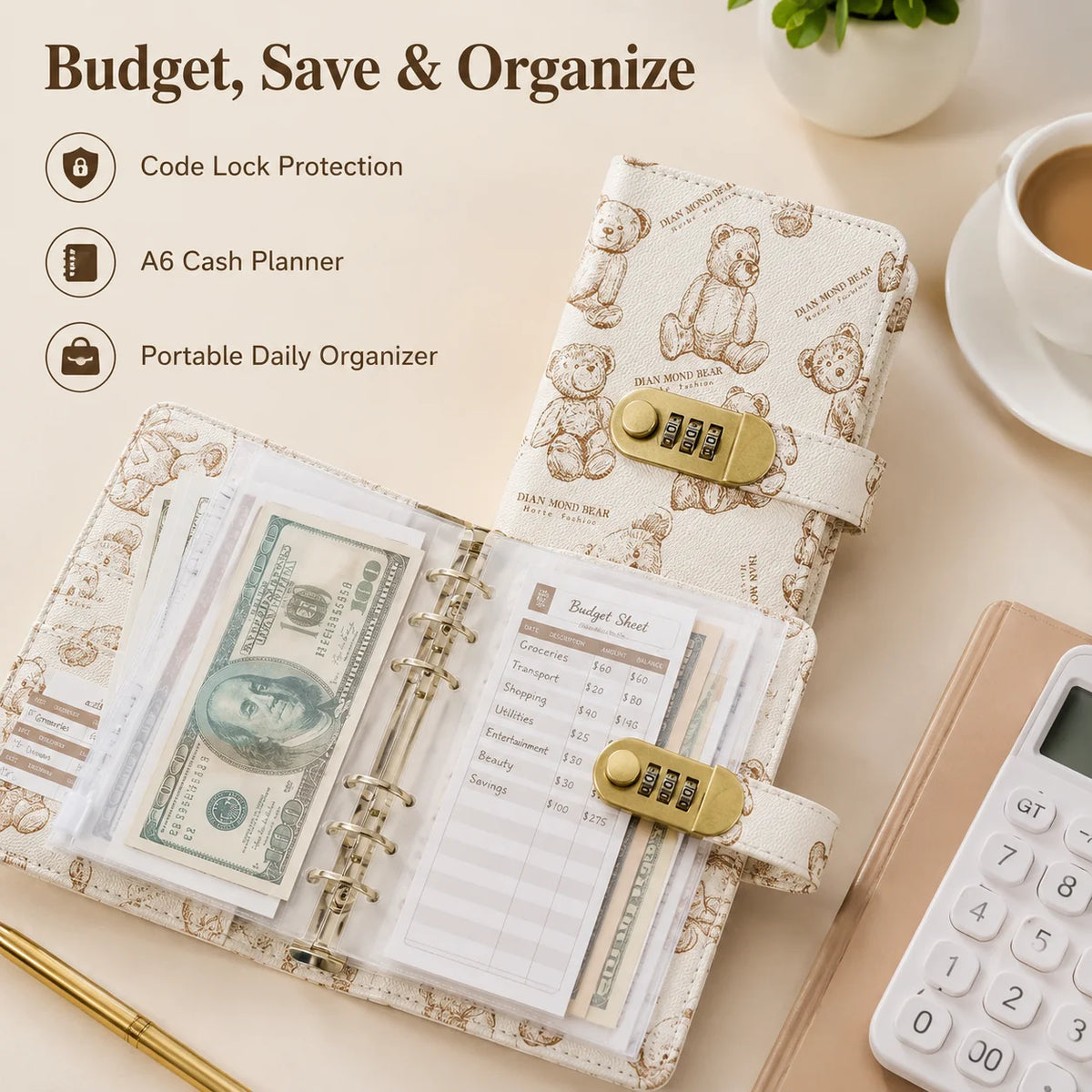 A portable daily organizer featuring an A6 cash planner with a cartoon bear design and a lock.