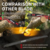 Comparison graphic showing features of a blade against others, highlighting extra long and curved design and ground teeth.