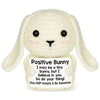 A white crocheted bunny plush ornament with black eyes and a sign that reads I may be a tiny bunny but I believe in you go do