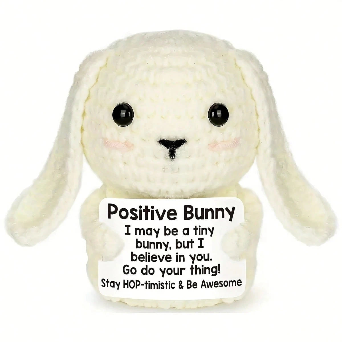 A white crocheted bunny plush ornament with black eyes and a sign that reads I may be a tiny bunny but I believe in you go do
