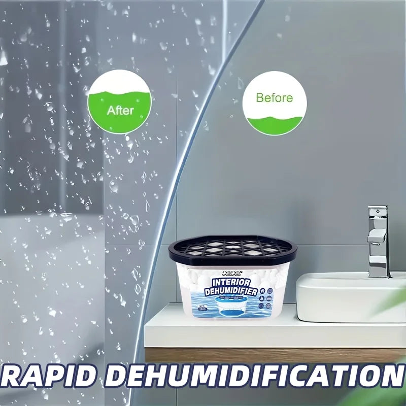 A before and after comparison showing a compact dehumidifier product used for rapid dehumidification.
