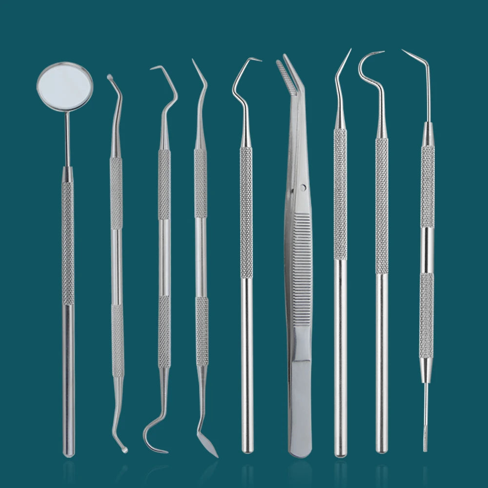 A set of premium stainless steel dental care tools for oral hygiene, including various instruments.