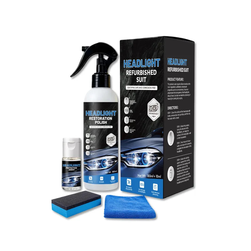 A box and bottle of headlight restoration kit featuring a liquid polish and a blue microfiber cloth.