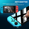 A blue screen protector is shown being applied to a Nintendo Switch screen, demonstrating anti-shatter features.