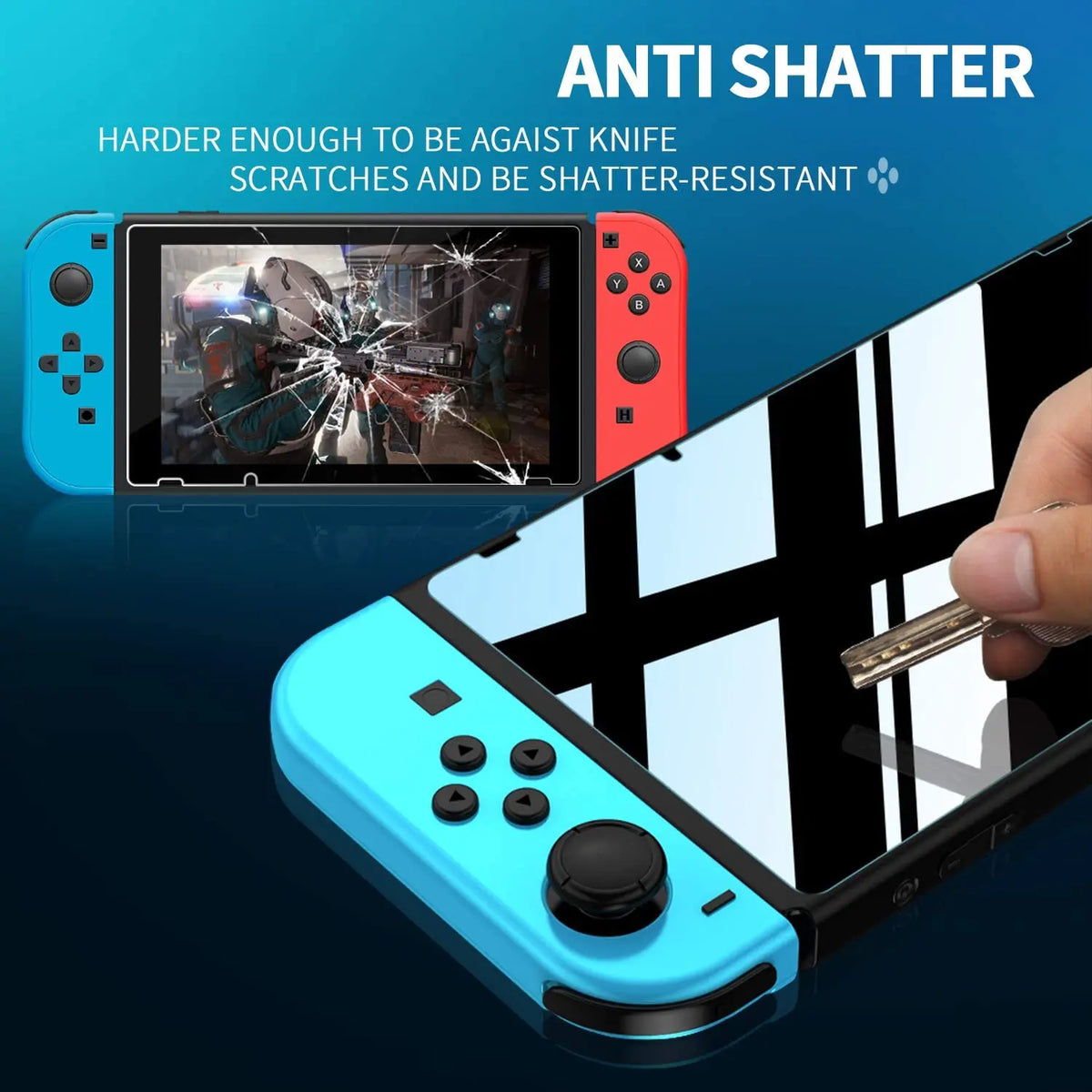 A blue screen protector is shown being applied to a Nintendo Switch screen, demonstrating anti-shatter features.