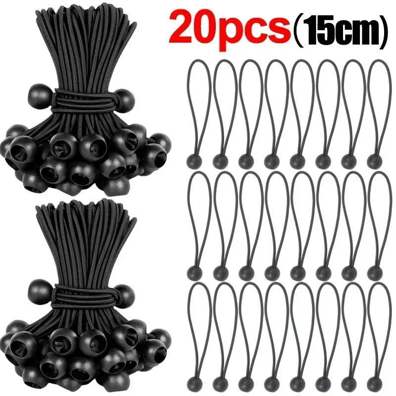 20 pieces of black heavy duty bungee cords with elastic ball ends, 15 cm long.