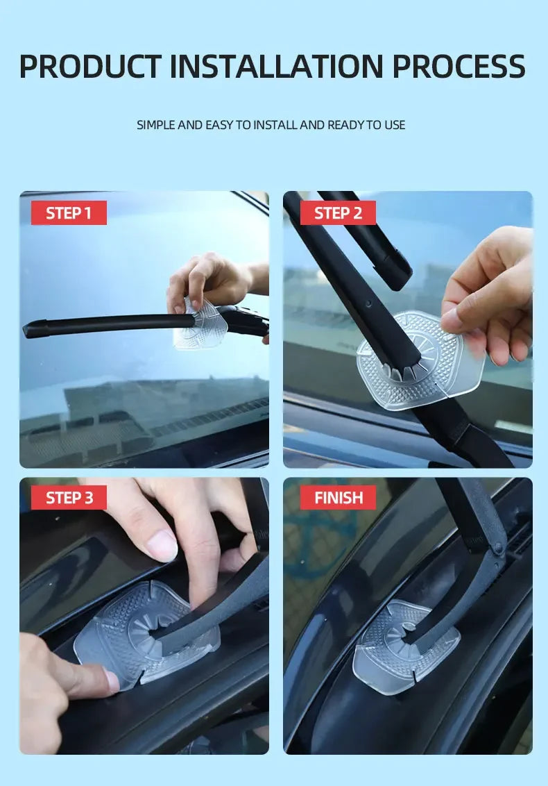 Three steps showing the installation process of universal silicone windshield wiper arm hole covers on a car windshield.