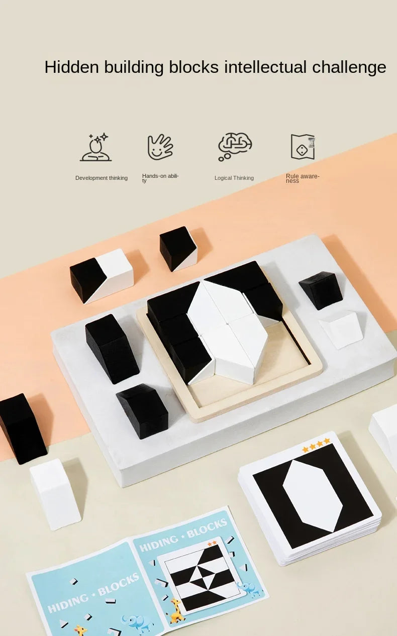 Wooden Geometric Shape Puzzle Blocks with Pattern Cards - Educational Logic Game for Kids