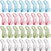 A collection of light blue and pink plastic hanger connector hooks for space-saving wardrobe organization
