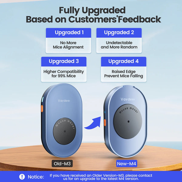 A comparison showing an Old M3 mouse jiggler and a New M4 version, highlighting four upgrades based on customer feedback.