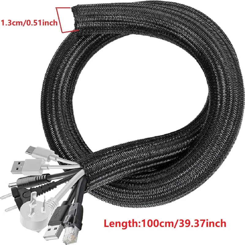 Black braided cable sleeve with connectors, 100cm long for desk and home organization.