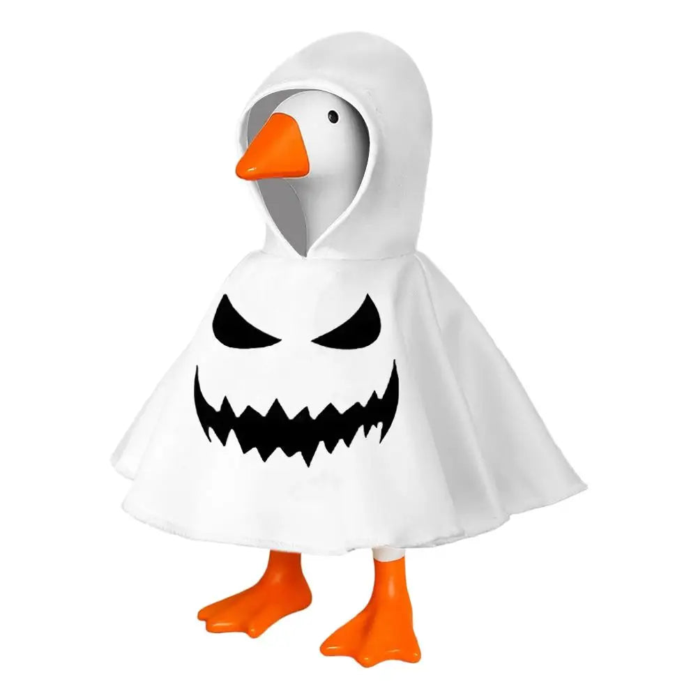 A white hoodie shaped like a goose with an orange beak and a menacing black grin.