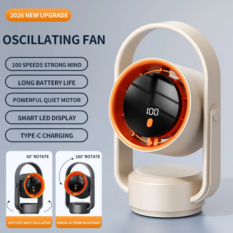 Portable USB Desk Fan with Oscillation and Digital Display