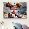 A jigsaw puzzle featuring a whimsical character with brown hair and purple high heels.