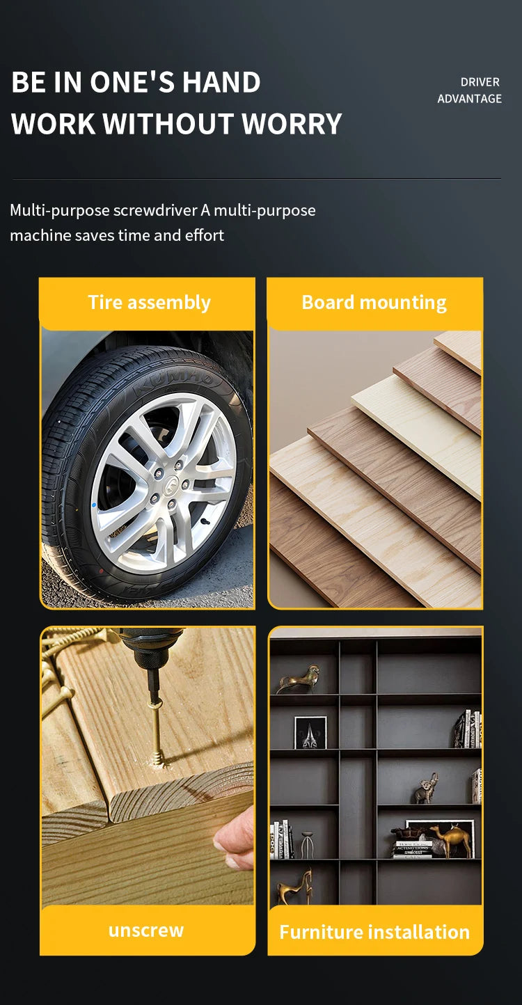 A multi-purpose screwdriver tool is shown performing various tasks including tire assembly, board mounting, unscrewing, and f