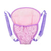 Pink doll carrier backpack with purple adjustable straps and a heart-patterned fabric