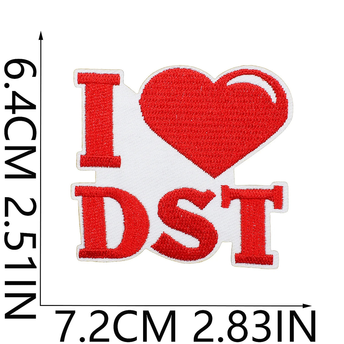Red embroidered patch featuring the letters I DST on a white background
