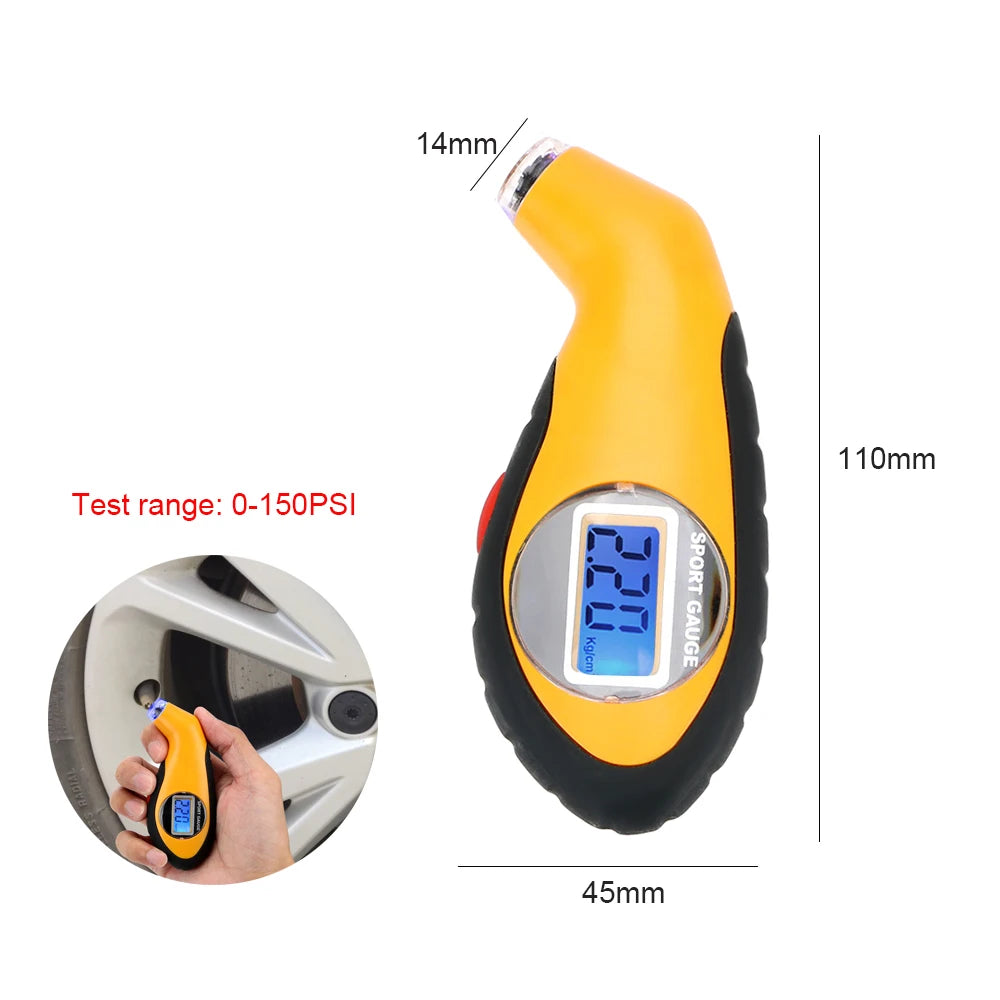 A yellow tire pressure gauge device is shown next to a tire, with measurements indicating a test range of 0-150PSI.