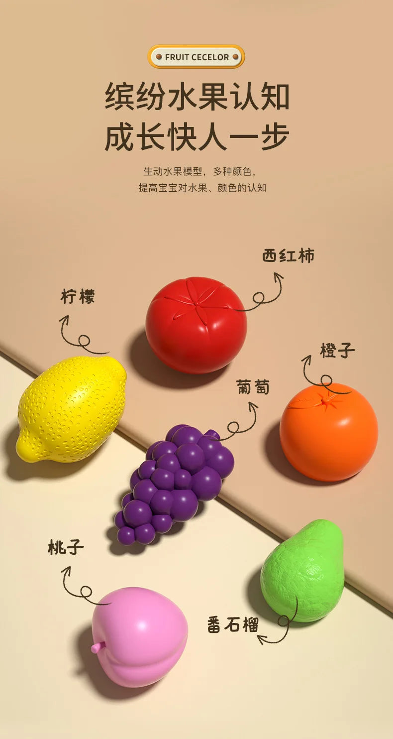 A collection of colorful fruit shapes, including a red tomato, yellow lemon, purple grapes, and green lime, arranged for sort