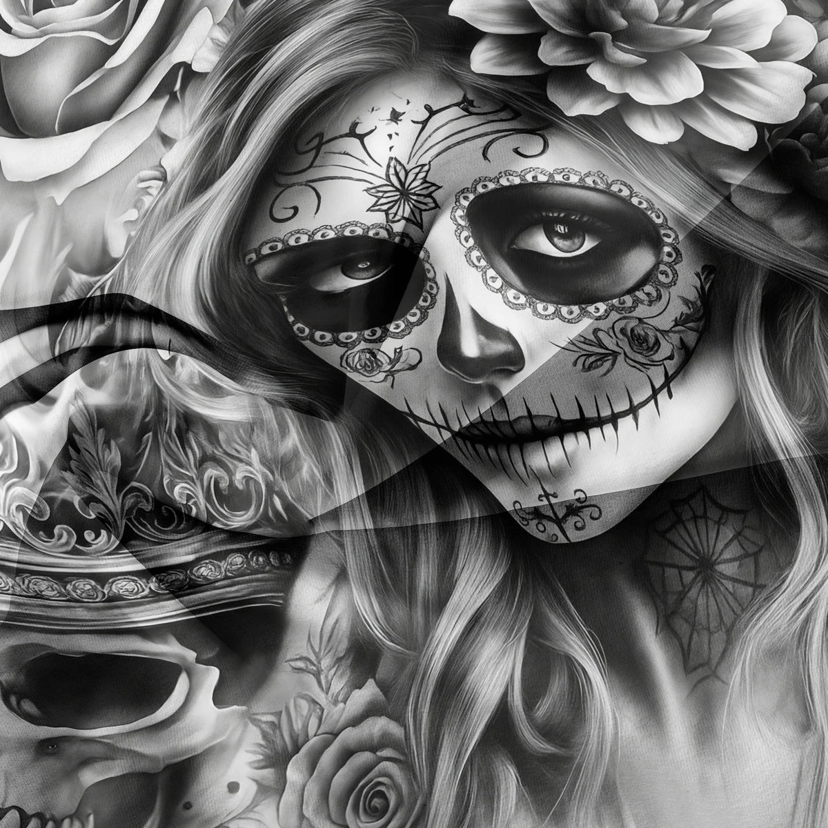 A black and white artistic rendering of a sugar skull face with floral accents on a draped fabric.