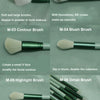 A collection of six makeup brushes including powder, foundation, contour, blush, highlight, and detail brushes.