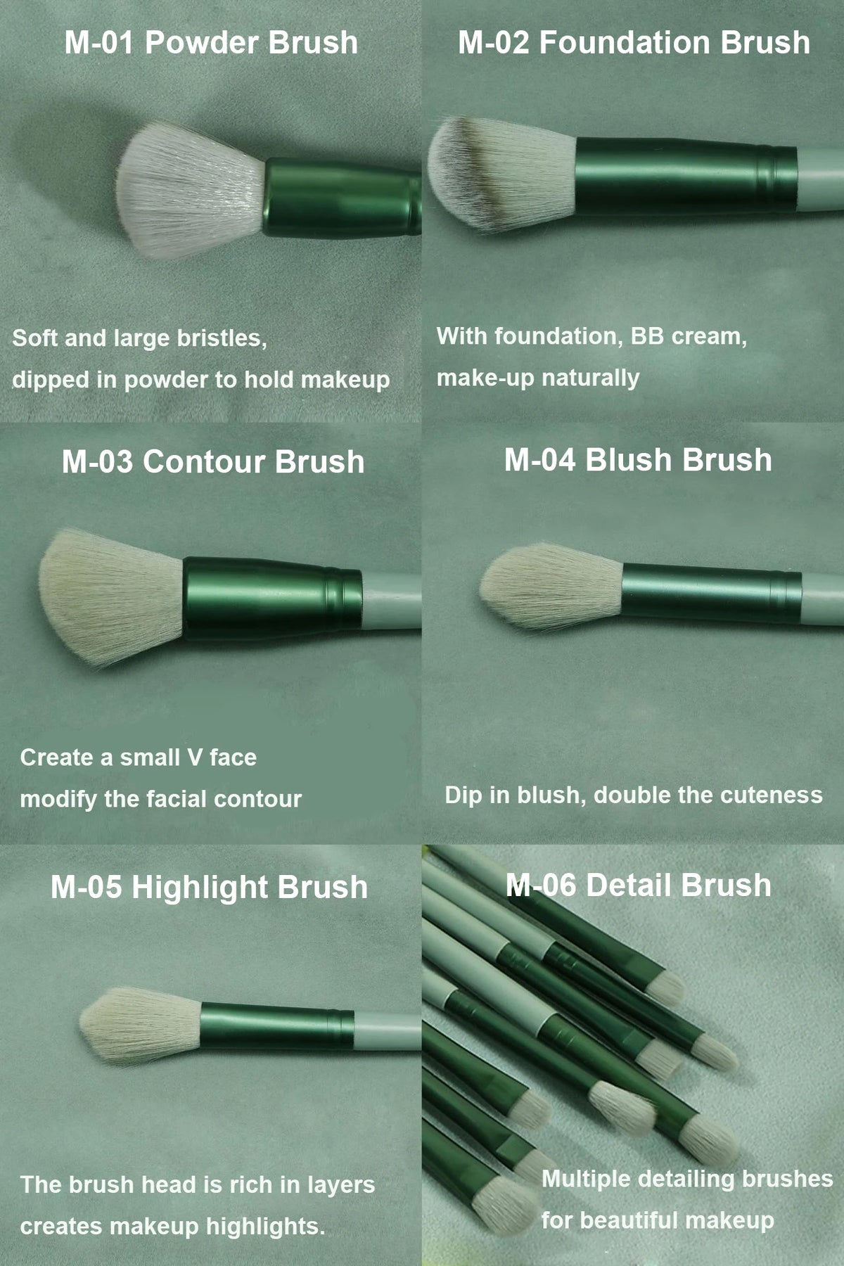 A collection of six makeup brushes including powder, foundation, contour, blush, highlight, and detail brushes.