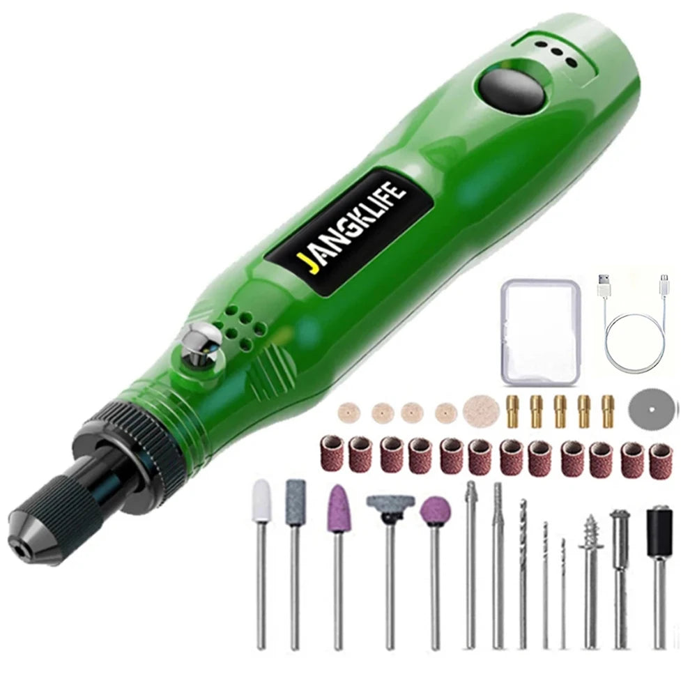A green cordless rotary tool kit for precision engraving, sanding, and drilling tools is shown with various bits.