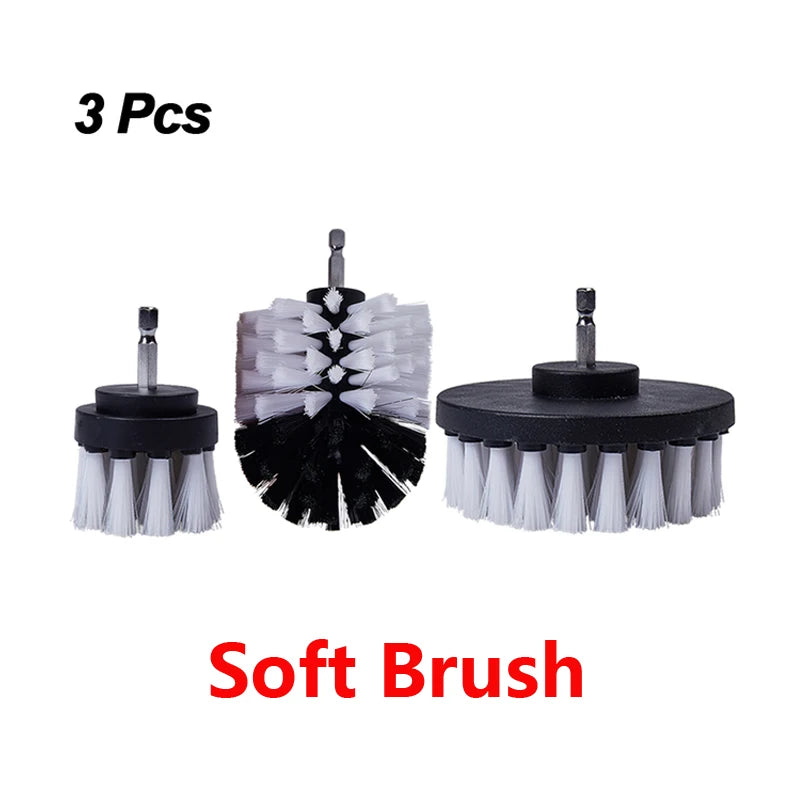 A set of three soft brush attachments for a power drill, featuring black and white bristles.