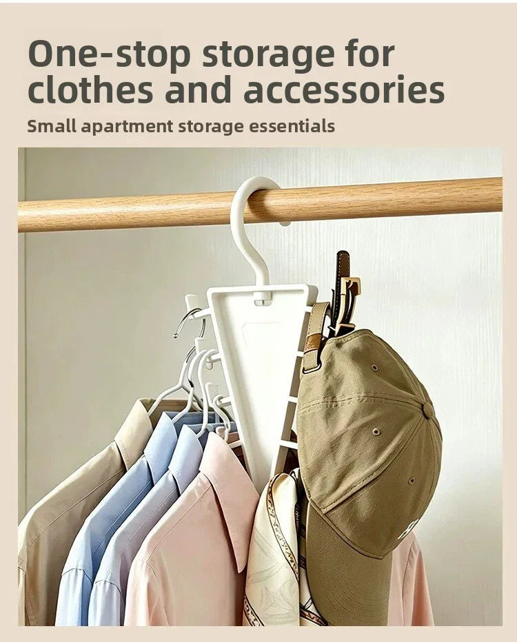 A vertical space-saving closet organizer with 12 hooks holding various clothing items on a wooden rod.
