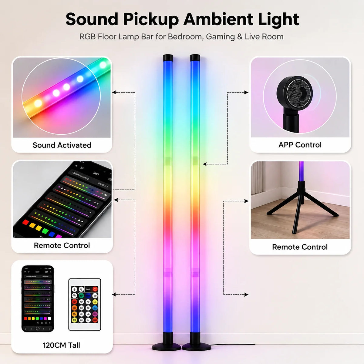 Two tall RGB LED floor lamps for ambient light featuring sound activation and remote control features