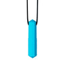 A bright blue silicone sensory chew necklace pendant with a black cord.
