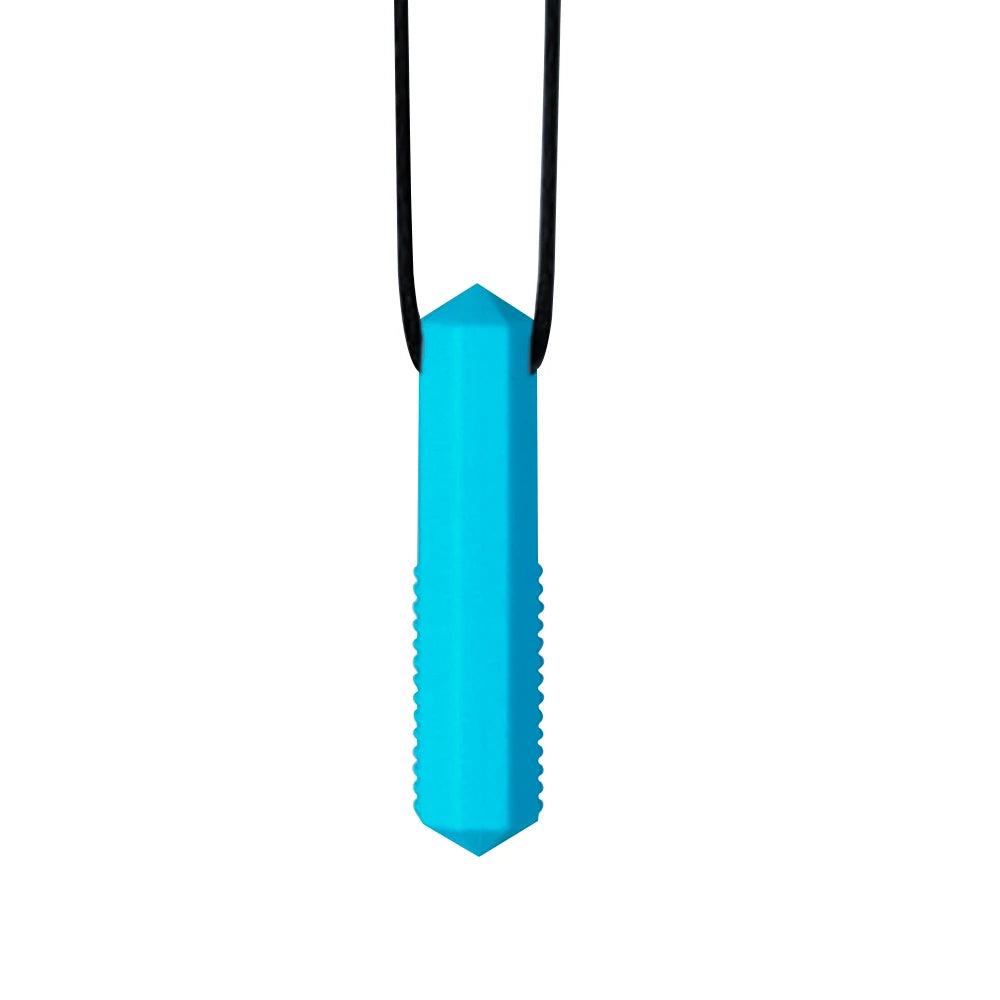 A bright blue silicone sensory chew necklace pendant with a black cord.