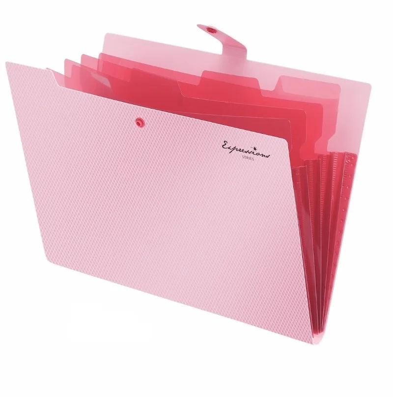 A pink 5-pocket accordion document folder for A4 papers.