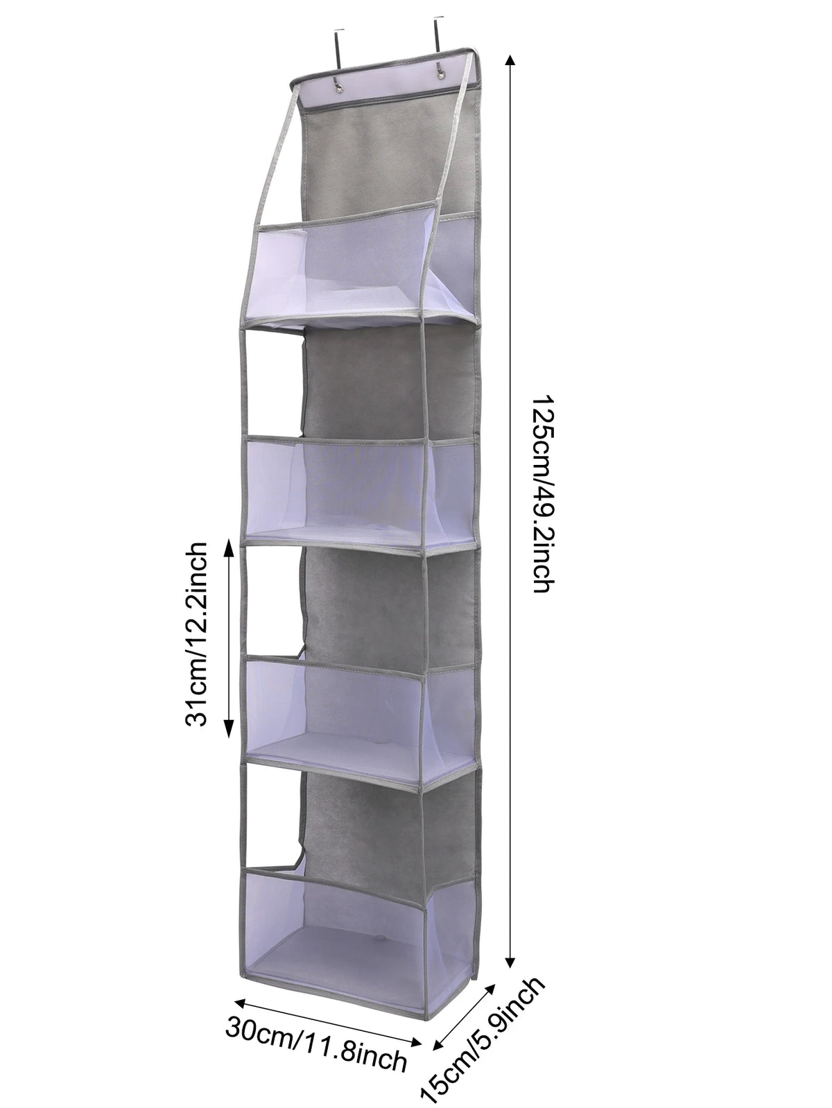 A tall, rectangular over-the-door hanging organizer with twelve clear compartments and a gray fabric backing.