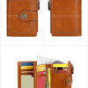 A brown leather wallet with multiple card slots and stitching details shown from the front and open view.
