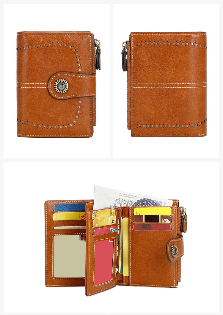 A brown leather wallet with multiple card slots and stitching details shown from the front and open view.