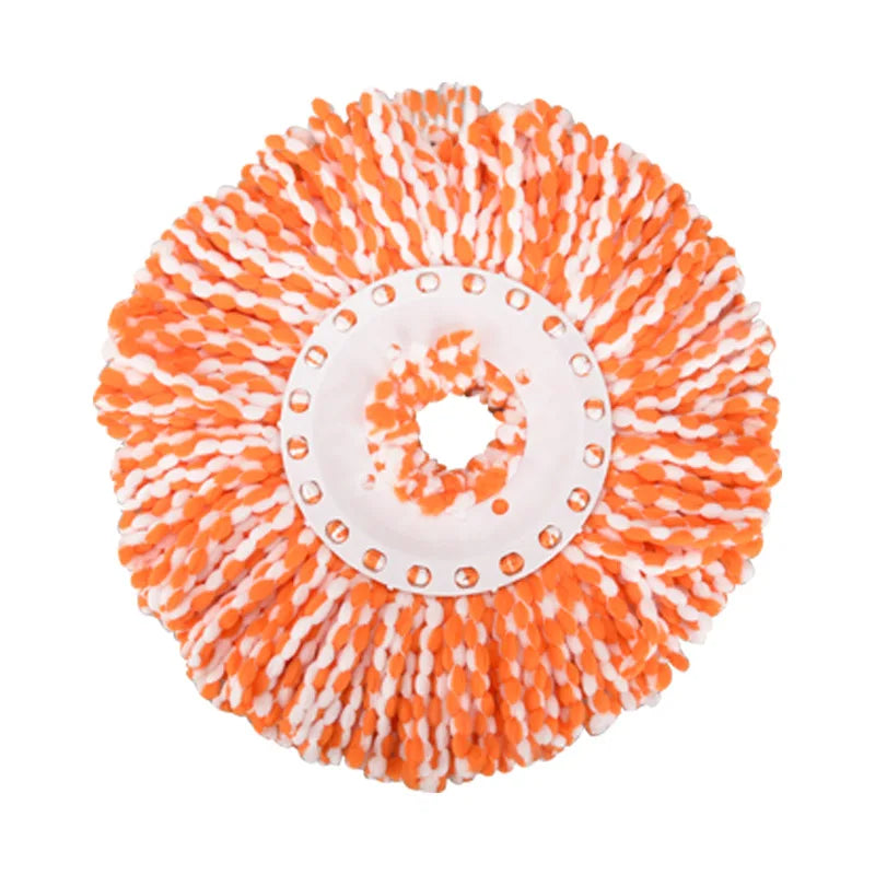 A pair of orange and white microfiber spinning mop heads with a white base.